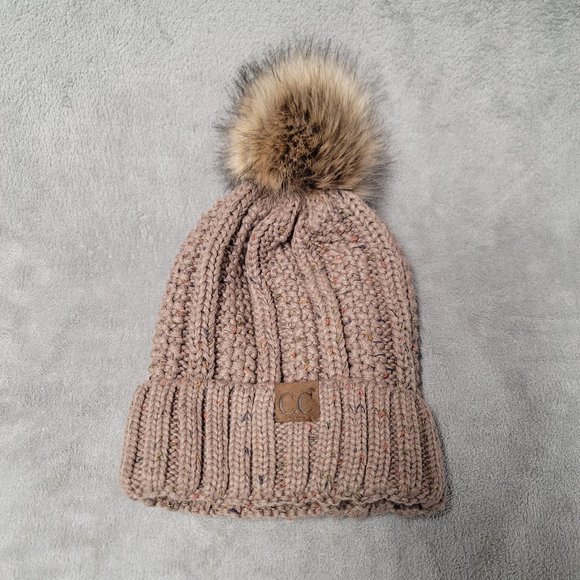 C.C Accessories - C.C Exclusives hat beanie faux fur pom pom brown multi sherpa lined one size